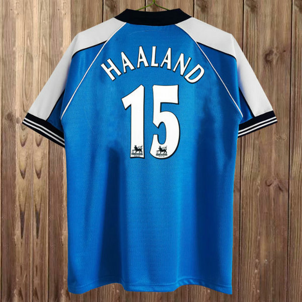 prima maglia haaland 15 manchester city 1999-2001 blu uomo